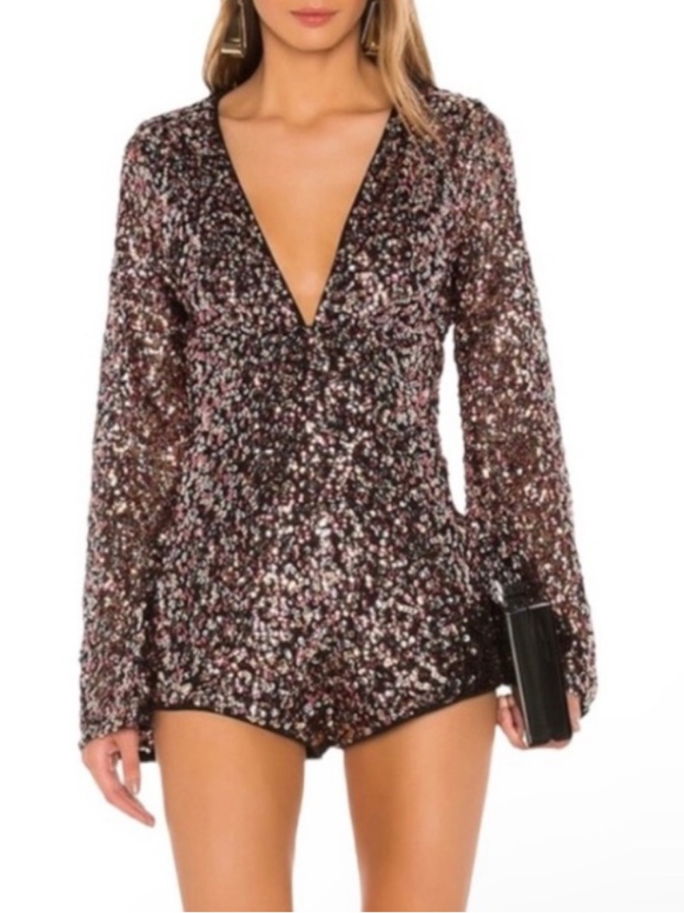 CAMILA COELHO Revolve Sequin Yarah V-Neck Romper Metallic Size Small NWT